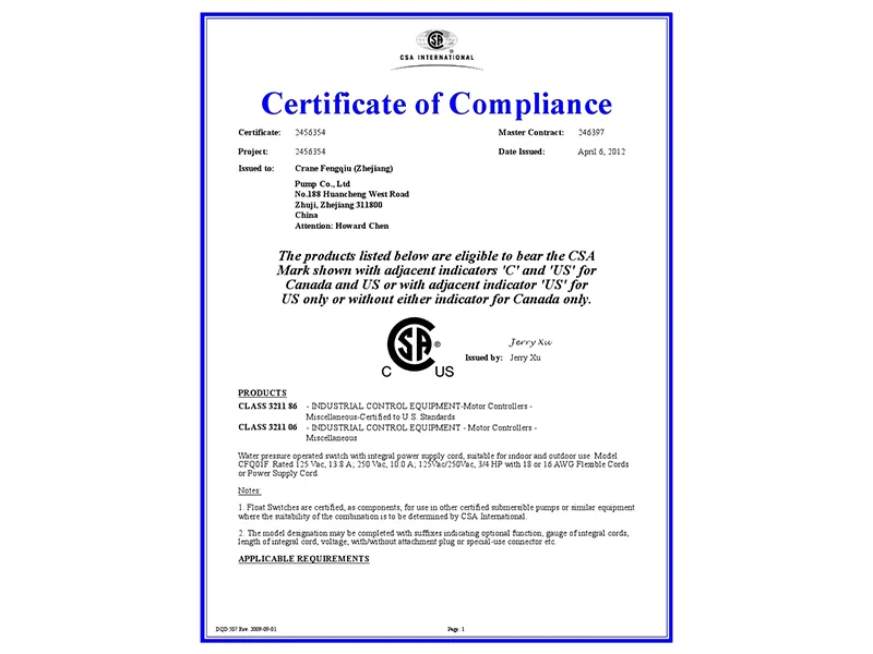 fengqiu crane float switch csa certificate